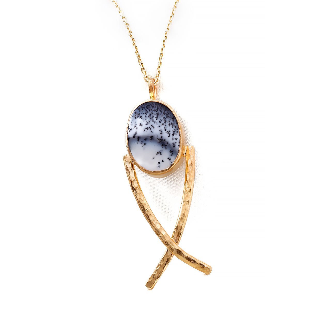 Dendrit Opal Doğaltaşlı Balık Motifli Gümüş Kolye