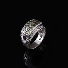 Garnet ve Peridot Doğaltaşlı Özel Tasarım Erkek Gümüş Yüzük