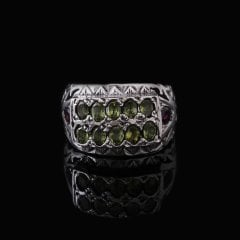 Garnet ve Peridot Doğaltaşlı Özel Tasarım Erkek Gümüş Yüzük