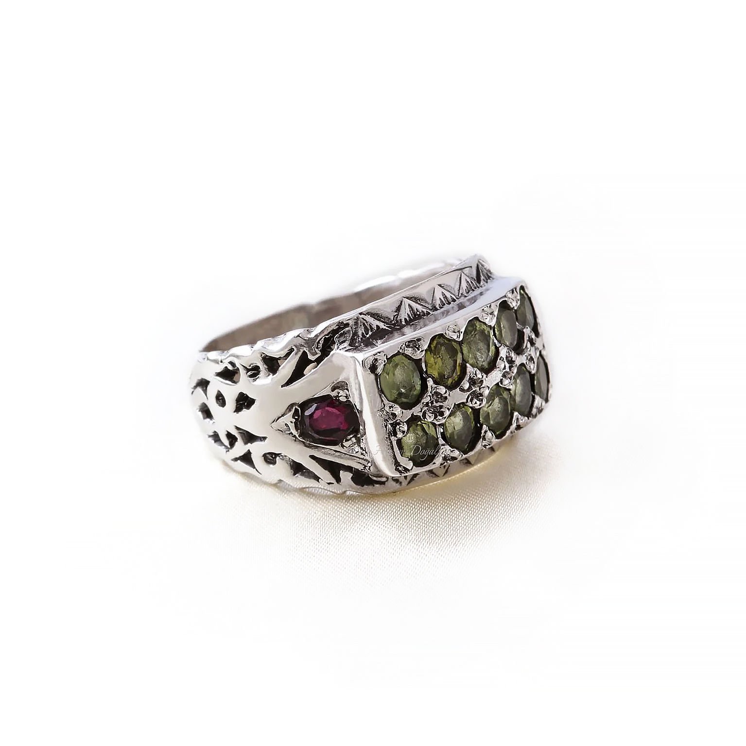 Garnet ve Peridot Doğaltaşlı Özel Tasarım Erkek Gümüş Yüzük