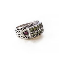 Garnet ve Peridot Doğaltaşlı Özel Tasarım Erkek Gümüş Yüzük