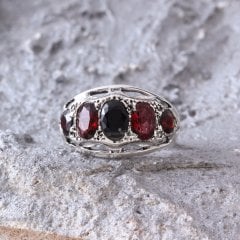 Safir Ve Garnet Doğaltaşlı Özel Tasarım Erkek Gümüş Yüzük