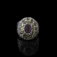 Peridot ve Yakut Doğaltaşlı Gümüş Erkek Yüzük