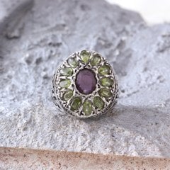 Peridot ve Yakut Doğaltaşlı Gümüş Erkek Yüzük