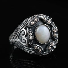 925 Ayar Gümüş Yüzük Opal Doğal Taşlı Elmas Erkek Yüzük