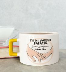 BK Gift Kişiye Özel Babalar Günü Tasarımlı Sarı Kulplu Çay & Kahve Fincanı-10, Babaya Hediye, Babalar Günü Hediyesi