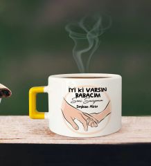 BK Gift Kişiye Özel Babalar Günü Tasarımlı Sarı Kulplu Çay & Kahve Fincanı-10, Babaya Hediye, Babalar Günü Hediyesi
