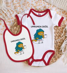 BK Kids Umrumda Değil Tasarımlı Kırmızı Bebek Body Zıbın ve Mama Önlüğü Hediye Seti-1