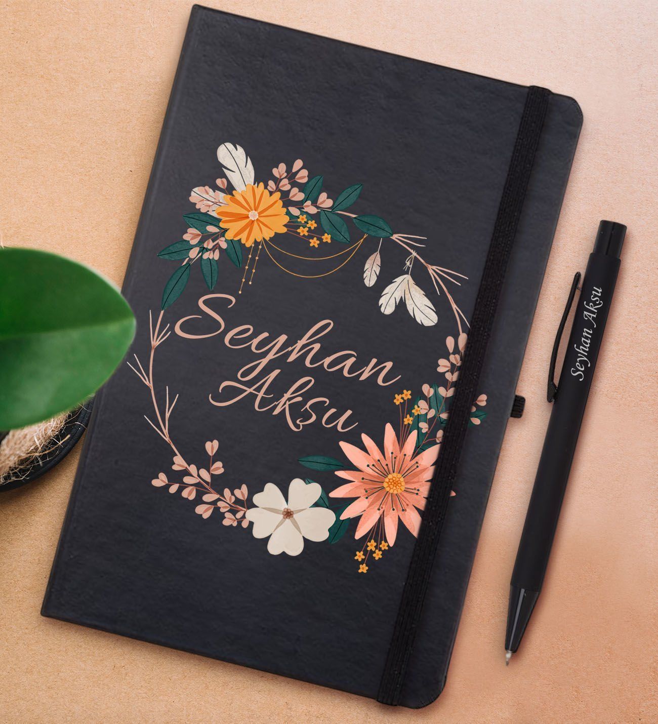 BK Gift Kişiye Özel Çiçek Tasarımlı Siyah Defter ve Metal Versatil Kalem(0,7 Kurşun) Hediye Seti-20