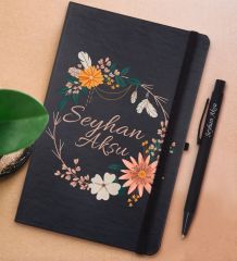BK Gift Kişiye Özel Çiçek Tasarımlı Siyah Defter ve Metal Versatil Kalem(0,7 Kurşun) Hediye Seti-20
