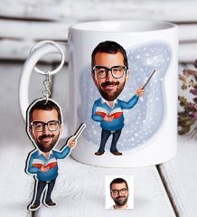 Kişiye Özel Bay Öğretmen Karikatürlü Beyaz Kupa ve Anahtarlık Hediye Seti-4