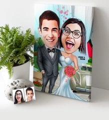 Kişiye Özel Gelin Damat Karikatür Kanvas Tablo (30 x 50 cm.) 1