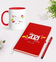 Kişiye Özel Bu Yılda Hep Gülümse Temalı Kırmızı Defter Kalem Kupa Seti - 1