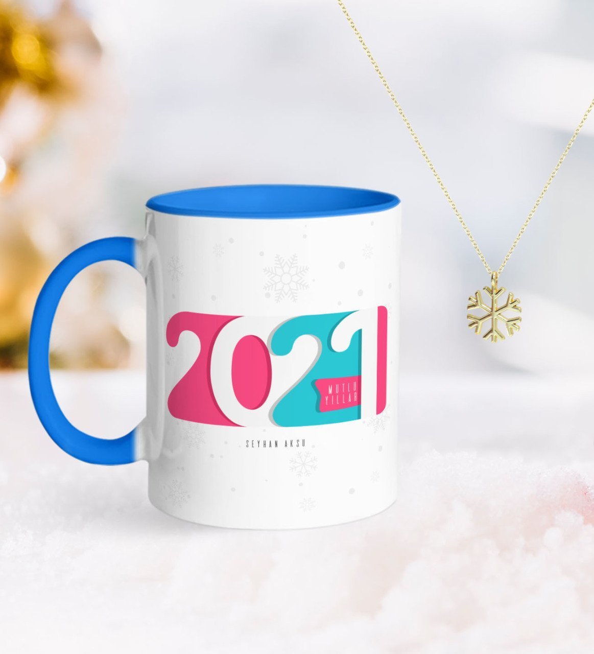 BK Gift Kişiye Özel 2023 Mutlu Yıllar Mavi Kupa ve Kar Tanesi Kolye-6