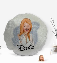Kişiye Özel İsimli Kadın Model Karikatürlü Yuvarlak Dekoratif Kırlent Yastık-2