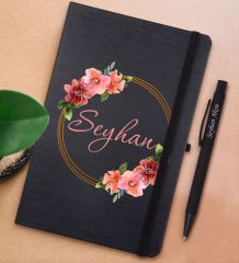 BK Gift Kişiye Özel Çiçek Tasarımlı Siyah Defter ve Metal Versatil Kalem(0,7 Kurşun) Hediye Seti-18