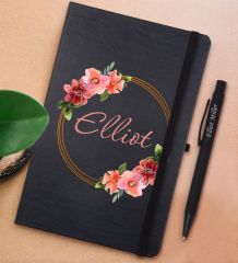 BK Gift Kişiye Özel Çiçek Tasarımlı Siyah Defter ve Metal Versatil Kalem(0,7 Kurşun) Hediye Seti-18