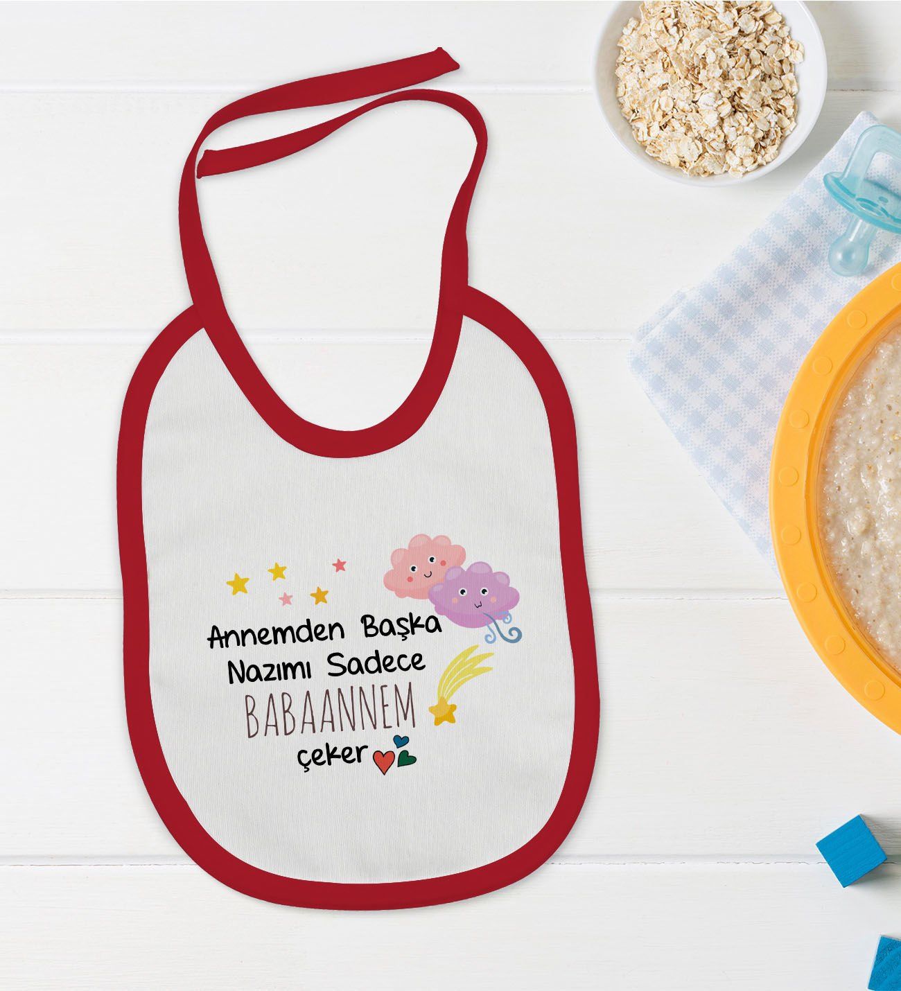 BK Kids Babaannem Tasarımlı Kırmızı Bebek Mama Önlüğü-1