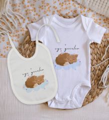 BK Kids İyi Geceler Tasarımlı Bebek Body Zıbın ve Mama Önlüğü Hediye Seti - Model 1