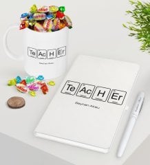 Kişiye Özel Öğretmen Beyaz Defter Kalem Şekerli Kupa Seti-3