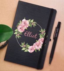 BK Gift Kişiye Özel Çiçek Tasarımlı Siyah Defter ve Metal Versatil Kalem(0,7 Kurşun) Hediye Seti-17