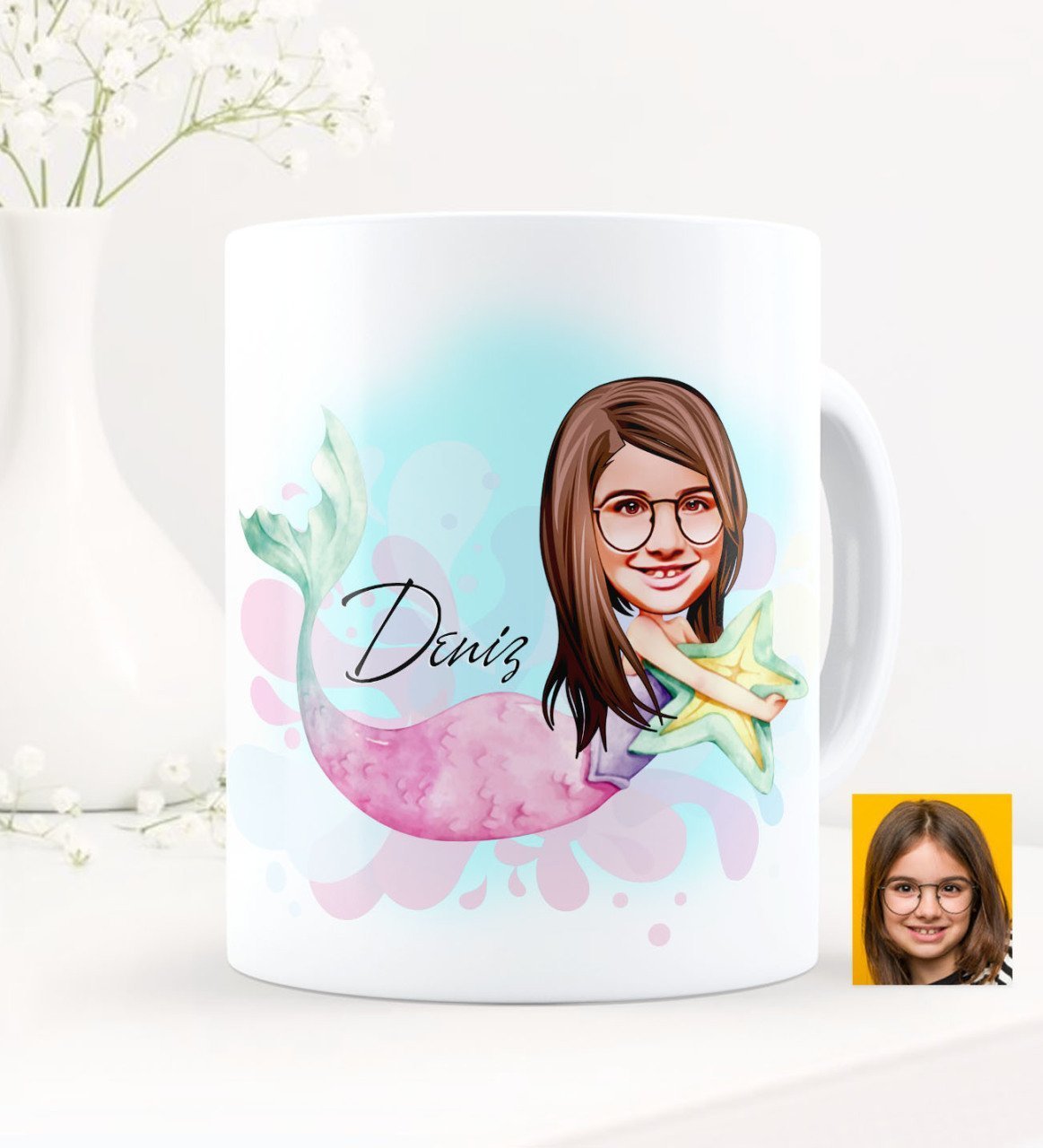 Kişiye Özel Kız Çocuk Deniz Kızı Karikatürlü Beyaz Kupa Bardak