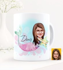 Kişiye Özel Kız Çocuk Deniz Kızı Karikatürlü Beyaz Kupa Bardak