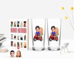 Kişiye Özel Renkli Baskılı Sevgililer Karikatürlü İkili Rakı Bardağı ve Rakı Cep Kitabı Hediye Seti-10