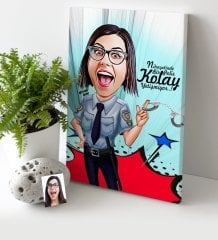 Kişiye Özel Bayan Polis Karikatür Kanvas Tablo (30 x 50 cm.) 1