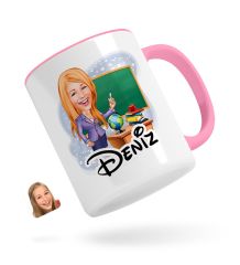 Kişiye Özel Kadın Öğretmen Karikatürlü Pembe Kupa Bardak-1