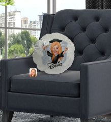 Kişiye Özel İsimli Kadın Mezun Karikatürlü Yuvarlak Dekoratif Kırlent Yastık-1