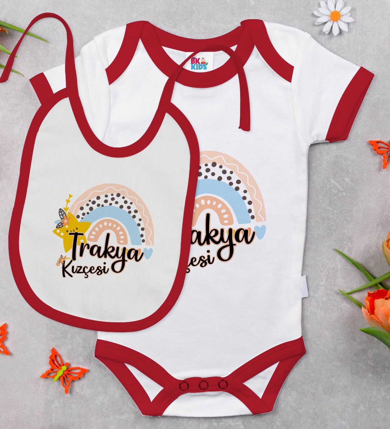 BK Kids Trakya Kızçesi Tasarımlı Kırmızı Bebek Body Zıbın ve Mama Önlüğü Hediye Seti