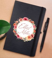 BK Gift Kişiye Özel Çiçek Tasarımlı Siyah Defter ve Metal Versatil Kalem(0,7 Kurşun) Hediye Seti-12