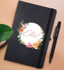 BK Gift Kişiye Özel Çiçek Tasarımlı Siyah Defter ve Metal Versatil Kalem(0,7 Kurşun) Hediye Seti-10
