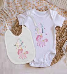 BK Kids I'm Cute Tasarımlı Bebek Body Zıbın ve Mama Önlüğü Hediye Seti - Model 1