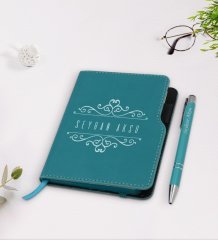Kişiye Özel İsimli Turkuaz Termo Deri Defter Kalem Seti-9