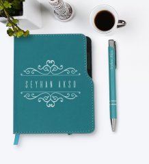 Kişiye Özel İsimli Turkuaz Termo Deri Defter Kalem Seti-9