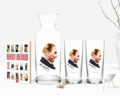 Kişiye Özel Renkli Baskılı Atatürk Temalı İkili Rakı Bardağı Karaf ve Cep Kitabı Hediye Seti-11