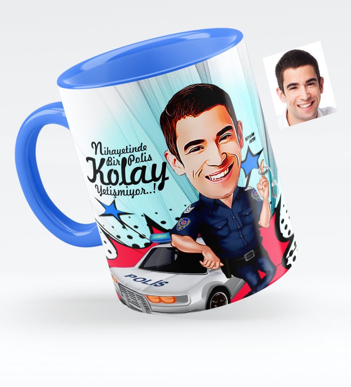 Kişiye Özel Bay Polis Karikatürlü Mavi Kupa Bardak - 5