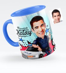 Kişiye Özel Bay Polis Karikatürlü Mavi Kupa Bardak - 5