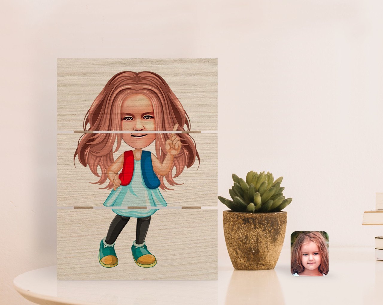 Kişiye Özel Kız Çocuk Karikatürlü Otantik Masaüstü Ahşap Palet Çerçeve-17