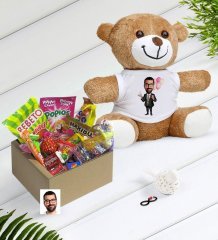 Kişiye Özel Bay Doğum Günü Karikatürlü Nostaljik Lezzetler Peluş Ayıcık Hediye Seti-3