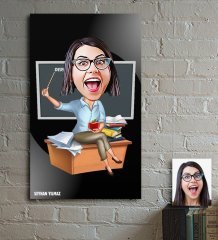Kişiye Özel Bayan Öğretmen Karikatür Ahşap Tablo - 2