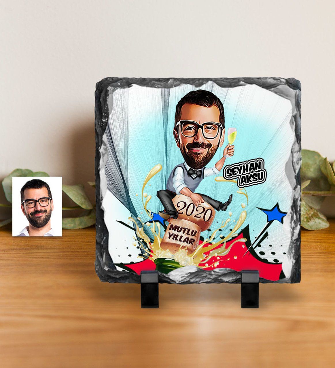 Kişiye Özel Bay Yeni Yıl Karikatürlü Dekoratif Doğal Taş