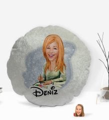Kişiye Özel İsimli Kadın Hakim Karikatürlü Yuvarlak Dekoratif Kırlent Yastık-1