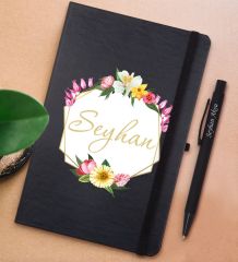 BK Gift Kişiye Özel Çiçek Tasarımlı Siyah Defter ve Metal Versatil Kalem(0,7 Kurşun) Hediye Seti-9
