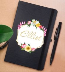BK Gift Kişiye Özel Çiçek Tasarımlı Siyah Defter ve Metal Versatil Kalem(0,7 Kurşun) Hediye Seti-9