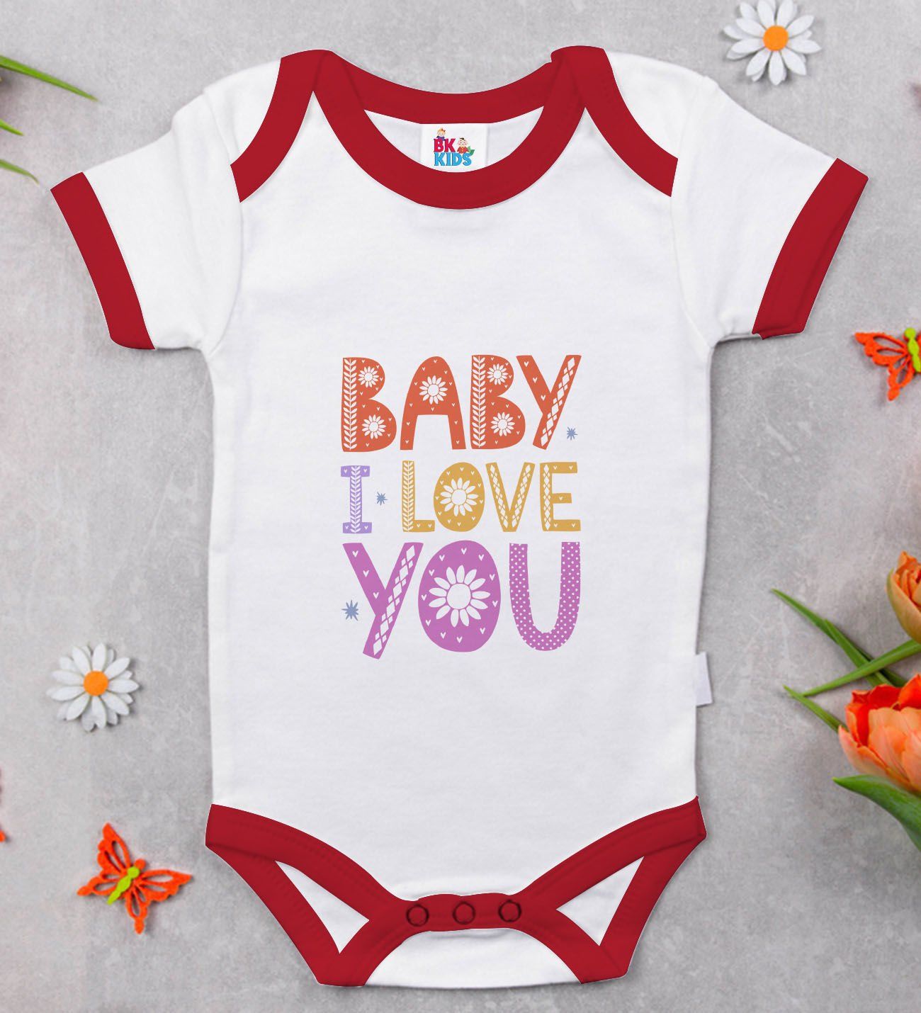 BK Kids Baby I Love You Tasarımlı Kırmızı Bebek Body Zıbın-1