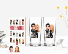 Kişiye Özel Renkli Baskılı Sevgililer Karikatürlü İkili Rakı Bardağı ve Rakı Cep Kitabı Hediye Seti-7