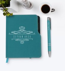 Kişiye Özel İsimli Turkuaz Termo Deri Defter Kalem Seti-8
